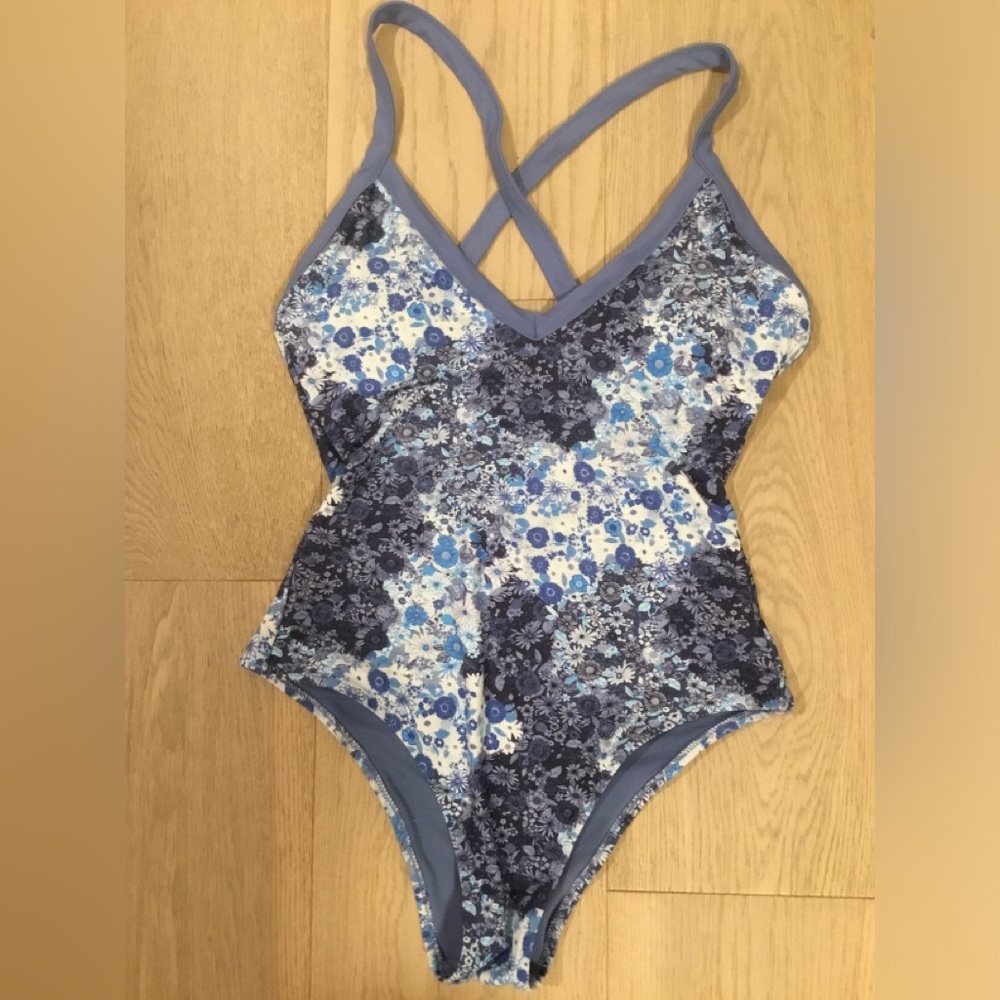 Aerie Floral One-Piece Swimsuit in Blue and White